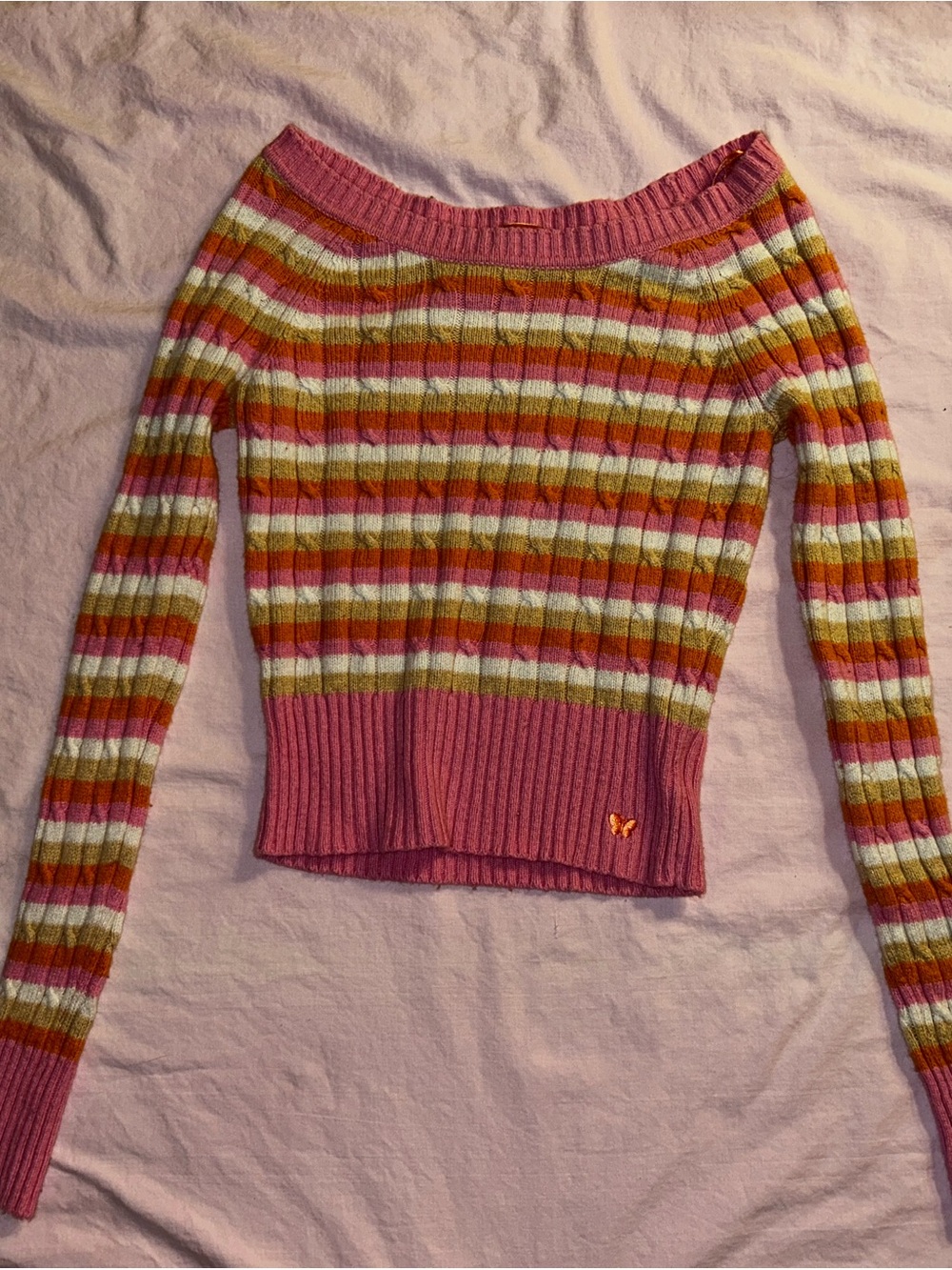 Aeropostale Pink Striped Off-Shoulder Sweater
